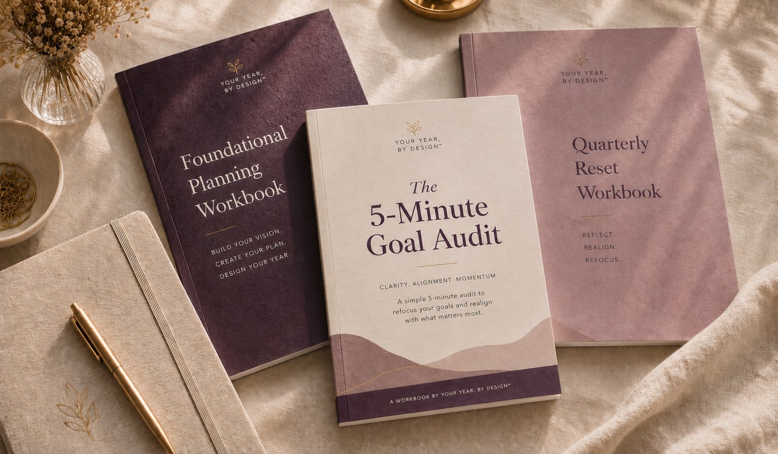 Your Year, By Design workbook system featuring the 5-Minute Goal Audit, Foundational Planning Workbook, and Quarterly Reset Workbook.